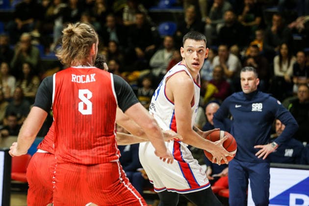 Serbia v Switzerland - FIBA World Cup European Qualifiers BELGRADE, SERBIA - NOVEMBER 27: Nikola Tanaskovic (24) of Serbia in action against Toni Rocak (8) of Switzerland during the FIBA World Cup European Qualifiers group C first round basketball match between Serbia and Switzerland at Aleksandar Nikolic Hall in Belgrade, Serbia on November 27, 2025. Filip Stevanovic Anadolu Belgrade Serbia. Editorial use only. Please get in touch for any other usage.  Copyright: x2025xAnadoluxFilipxStevanovicx