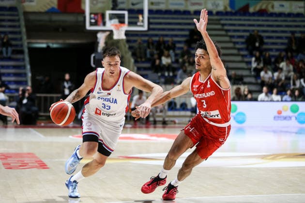 Serbia v Switzerland - FIBA World Cup European Qualifiers BELGRADE, SERBIA - NOVEMBER 27: Danilo Andusic (33) of Serbia in action against Yoan Granvorka (3) during the FIBA World Cup European Qualifiers group C first round basketball match between Serbia and Switzerland at Aleksandar Nikolic Hall in Belgrade, Serbia on November 27, 2025. Filip Stevanovic Anadolu Belgrade Serbia. Editorial use only. Please get in touch for any other usage.  Copyright: x2025xAnadoluxFilipxStevanovicx