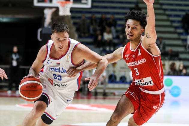 Serbia v Switzerland - FIBA World Cup European Qualifiers BELGRADE, SERBIA - NOVEMBER 27: Danilo Andusic (33) of Serbia in action against Yoan Granvorka (3) during the FIBA World Cup European Qualifiers group C first round basketball match between Serbia and Switzerland at Aleksandar Nikolic Hall in Belgrade, Serbia on November 27, 2025. Filip Stevanovic Anadolu Belgrade Serbia. Editorial use only. Please get in touch for any other usage.  Copyright: x2025xAnadoluxFilipxStevanovicx