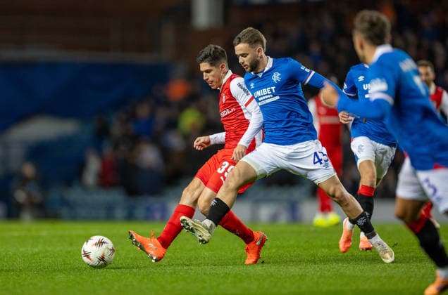 27th November 2025; Ibrox Stadium, Glasgow, Scotland; UEFA Europa League Football, Rangers versus Braga; Nicolas Raskin of Rangers tackles Fran Navarro of SC Braga  VagelisxGeorgariou