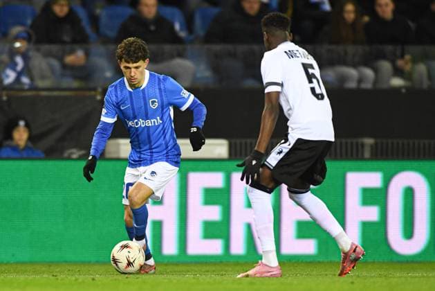 Genk s Konstantinos Kos Karetsas and FC Basel s Metinho pictured in action during a soccer game between Belgian KRC Genk and Swiss FC Basel, on Thursday 27 November 2025, in Genk, on the fifth game (out of 8) in the league phase of the UEFA Europa League competition. JILLxDELSAUX  x144743033x
