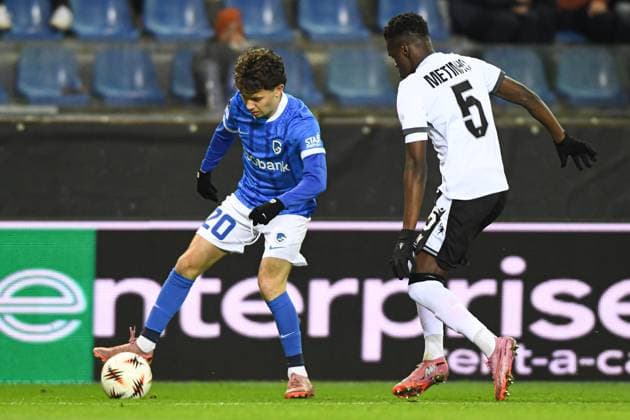Genk s Konstantinos Kos Karetsas and FC Basel s Metinho pictured in action during a soccer game between Belgian KRC Genk and Swiss FC Basel, on Thursday 27 November 2025, in Genk, on the fifth game (out of 8) in the league phase of the UEFA Europa League competition. JILLxDELSAUX  x144743045x