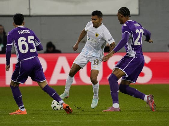 Fiorentina™s Cher Ndour fight for the ball with Aek™s Orbelin Pineda during the UEFA Conference League soccer match between Fiorentina and Aek Atene at Artemio Franchi stadium in Florence, Italy - Thursday, November 27, 2025.  Copyright: xMarcoxBucco LaxPressex