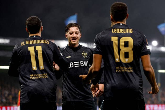2025-11-27 Go Ahead Eagles v VfB Stuttgart - UEFA Europa League, League phase, MD5 DEVENTER, NETHERLANDS - NOVEMBER 27: Bilal El Khannouss of VfB Stuttgart, Jamie Leweling of VfB Stuttgart, Angelo Stiller of VfB Stuttgart during the UEFA Europa League, League phase, MD5 match between Go Ahead Eagles and VfB Stuttgart at De Adelaarshorst on November 27, 2025 in Deventer, Netherlands. Deventer De Adelaarshorst Netherlands Content not available for redistribution in The Netherlands directly or indirectly through any third parties. Copyright: xBenxGalx