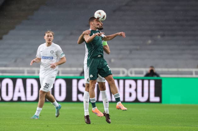 SOCCER - UEFA EL, Panathinaikos vs Sturm GRAZ,AUSTRIA,27.NOV.25 - SOCCER - UEFA Europa League, Panathinaikos Athen vs SK Sturm Graz. Image shows Filip Djuricic (Panathinaikos) and Jon Gorenc Stankovic (Sturm).  GEPAxpictures xChrisxBauer