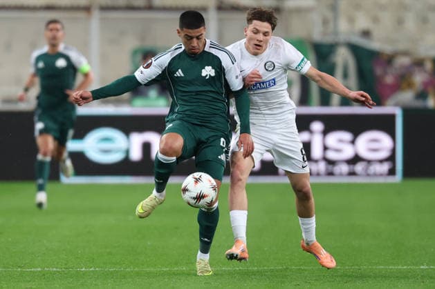SOCCER - UEFA EL, Panathinaikos vs Sturm GRAZ,AUSTRIA,27.NOV.25 - SOCCER - UEFA Europa League, Panathinaikos Athen vs SK Sturm Graz. Image shows Anass Zaroury (Panathinaokis) and Filip Jan Rozga (Sturm).  GEPAxpictures xChrisxBauer