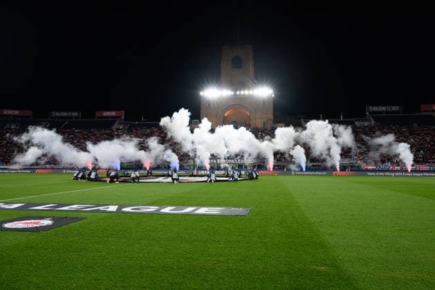 SOCCER - UEFA EL, Bologna vs RBS BOLOGNA,ITALY,27.NOV.25 - SOCCER - UEFA Europa League, FC Bologna vs Red Bull Salzburg. Image shows an overview of the opening ceremony.  GEPAxpictures xInsidefoto xAndre