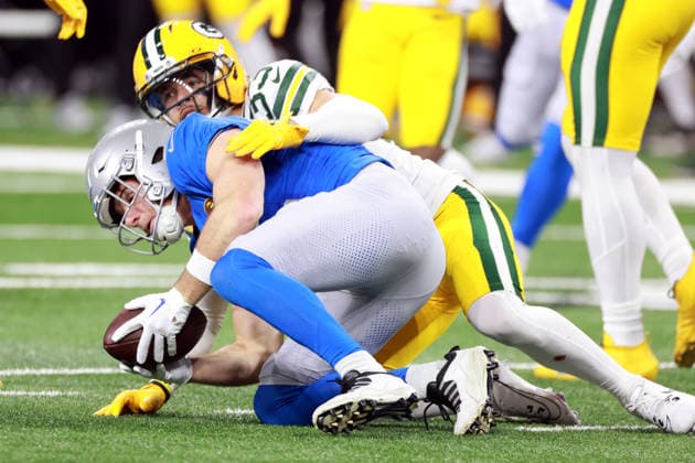 Detroit Lions DETROIT,MICHIGAN-November27: Wide receiver Tom Kennedy (85) of the Detroit Lions retains the ball during an NFL, American Football Herren, USA football game between the Green Bay Packers and the Detroit Lions in Detroit, Michigan USA, on Sunday, November 23, 2025. Detroit Michigan United States  Copyright: xAmyxLemusx originalFilename:lemus-newyorkg251127_npffC.jpg
