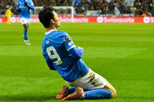 Genk s Hyeon-Gyu Oh celebrates after scoring during a soccer game between Belgian KRC Genk and Swiss FC Basel, on Thursday 27 November 2025, in Genk, on the fifth game (out of 8) in the league phase of the UEFA Europa League competition. JILLxDELSAUX  x144743967x