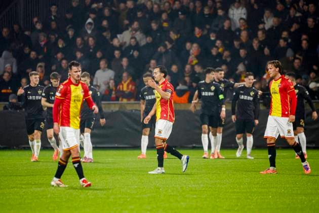 Mats Deijl of Go Ahead Eagles looks dejected after conceding his sides first goal Go Ahead Eagles v VfB Stuttgart, UEFA Europa League 2025 26 League Phase MD5, Go Ahead Eagles v VfB Stuttgart, Stadion De Adelaarshorst, November 27, 2025, Deventer, Netherlands.