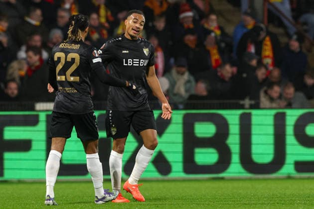 2025-11-27 Go Ahead Eagles v VfB Stuttgart - UEFA Europa League, League phase, MD5 DEVENTER, NETHERLANDS - NOVEMBER 27: Jamie Leweling of VfB Stuttgart, Lorenz Assignon of VfB Stuttgart celebrates after scoring his teams second goal during the UEFA Europa League, League phase, MD5 match between Go Ahead Eagles and VfB Stuttgart at De Adelaarshorst on November 27, 2025 in Deventer, Netherlands. Deventer De Adelaarshorst Netherlands Content not available for redistribution in The Netherlands directly or indirectly through any third parties. Copyright: xBenxGalx
