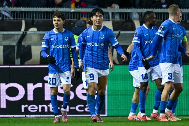 251127 KRC Genk vs FC Basel Hyeon-Gyu Oh (9) of Genk celebrates after scoring the 1-0 goal during the 5th game in the Uefa Europa League season 2025-2026 League Phase between KRC Genk and FC Basel from Switzerland on November 27 , 2025 in Genk, Belgium. (Photo by David Catry Isosport) Genk Belgium  Copyright: xDavidxCatryx 20251127DC2_4768