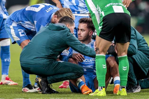 SEVILLA, 27-11-2025, Stadium La Cartuja, UEFA Football season 2025 2026, Europa League match between Betis Sevilla and FC Utrecht. Pictures shows FC Utrecht player Souffian El Karouani has a injury Betis Sevilla - Utrecht  x32221746x Copyright: