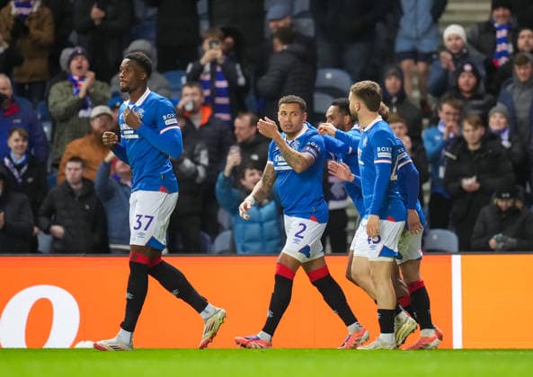 Rangers captain James Tavernier celebrates with team mates after scoring from the penalty spot to give Rangers a 1-0 lead. Rangers v Braga, UEFA Europa League, Group Stage, Football, Ibrox Stadium, Glasgow, Scotland, UK - 27 Nov 2025Glasgow Ibrox Scotland United Kingdom EDITORIAL USE ONLY No use with unauthorised audio, video, data, fixture lists, club league logos or live services. Online in-match use limited to 120 images, no video emulation. No use in betting, games or single club league player publications. Copyright: xStuartxWallace Shutterstockx 15928082o
