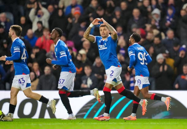 Rangers captain James Tavernier celebrates with team mates after scoring from the penalty spot to give Rangers a 1-0 lead. Rangers v Braga, UEFA Europa League, Group Stage, Football, Ibrox Stadium, Glasgow, Scotland, UK - 27 Nov 2025Glasgow Ibrox Scotland United Kingdom EDITORIAL USE ONLY No use with unauthorised audio, video, data, fixture lists, club league logos or live services. Online in-match use limited to 120 images, no video emulation. No use in betting, games or single club league player publications. Copyright: xStuartxWallace Shutterstockx 15928082r