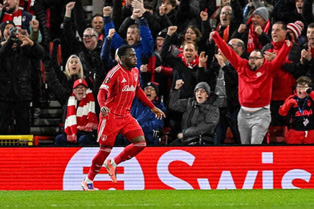 27th November 2025; The City Ground, Nottingham, England; UEFA Europa League Football, Nottingham Forest versus Malmo FF; Arnaud Kalimuendo of Nottingham Forest celebrates scoring in the 44th minute to make the score 2-0  GodfreyxPitt