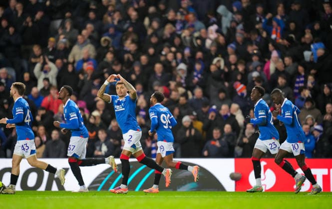 Rangers captain James Tavernier celebrates with team mates after scoring from the penalty spot to give Rangers a 1-0 lead. Rangers v Braga, UEFA Europa League, Group Stage, Football, Ibrox Stadium, Glasgow, Scotland, UK - 27 Nov 2025Glasgow Ibrox Scotland United Kingdom EDITORIAL USE ONLY No use with unauthorised audio, video, data, fixture lists, club league logos or live services. Online in-match use limited to 120 images, no video emulation. No use in betting, games or single club league player publications. Copyright: xStuartxWallace Shutterstockx 15928082s