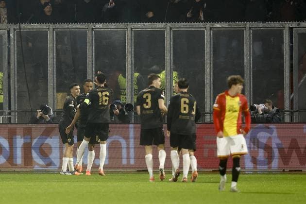 DEVENTER , 27-11-2025 , Stadium De Adelaarshorst , season 2025 2026 , UEFA Europa League football , League phase matchday 5 , match between Go Ahead Eagles and VFB Stuttgart , picture shows Stuttgart player Bilal El Khannouss celebrates after scoring the goal 0-3 Go Ahead Eagles - Stuttgart  x32222268x Copyright: