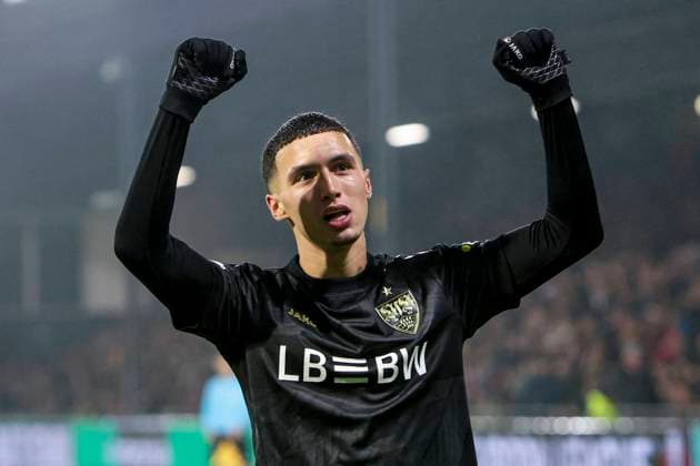 Bilal El Khannouss of VfB Stuttgart celebrates after scoring his teams third goal Go Ahead Eagles v VfB Stuttgart, UEFA Europa League 2025 26 League Phase MD5, Go Ahead Eagles v VfB Stuttgart, Stadion De Adelaarshorst, November 27, 2025, Deventer, Netherlands.