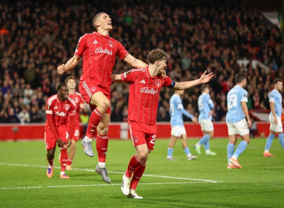 Nottingham Forest v Malmo FF Europa League 27 11 2025. GOAL 1 - 0 Nikola Milenkovic of Nottingham Forest scores a goal and celebrates during the Europa League match between Nottingham Forest and Malmo FF at the City Ground, Nottingham, England on 27 November 2025. Editorial use only , Copyright: xJezxTighex PSI-23286-0067