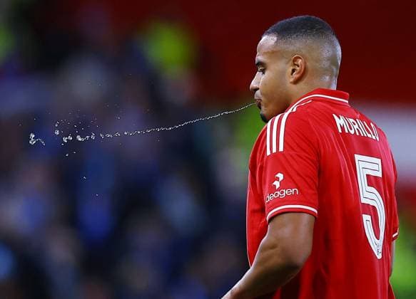 Murillo of Nottingham Forest spits out some water Nottingham Forest v Malmo, UEFA Europa League, Group Stage, Football, City Ground, Nottingham, UK- 27 Nov 2025Nottingham City Ground United Kingdom EDITORIAL USE ONLY No use with unauthorised audio, video, data, fixture lists, club league logos or live services. Online in-match use limited to 120 images, no video emulation. No use in betting, games or single club league player publications. Copyright: xMattxWest Shutterstockx 15928078y