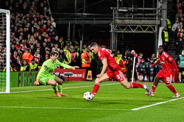 27th November 2025; The City Ground, Nottingham, England; UEFA Europa League Football, Nottingham Forest versus Malmo FF; Nikola Milenkovic of Nottingham Forest scores past Melker Ellborg of Malmo in the 59th minute to make the score 3-0  GodfreyxPitt