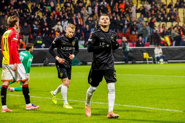 Badredine Bouanani of VfB Stuttgart celebrates after scoring his teams fourth goal Go Ahead Eagles v VfB Stuttgart, UEFA Europa League 2025 26 League Phase MD5, Go Ahead Eagles v VfB Stuttgart, Stadion De Adelaarshorst, November 27, 2025, Deventer, Netherlands.