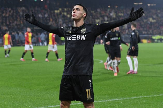 Soccer UEFA Europa League matchday 5 Go Ahead Eagles Deventer VfB Stuttgart on 27 11 2025 at Stadion De Adelaarshorst in Deventer Goal celebration to 0 3 by Bilal El Khannouss Stuttgart xRx