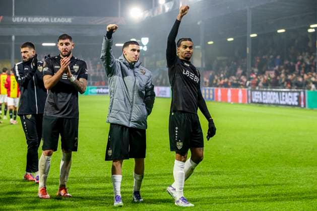 Bilal El Khannouss of VfB Stuttgart and Lorenz Assignon of VfB Stuttgart celebrates after the final whistle Go Ahead Eagles v VfB Stuttgart, UEFA Europa League 2025 26 League Phase MD5, Go Ahead Eagles v VfB Stuttgart, Stadion De Adelaarshorst, November 27, 2025, Deventer, Netherlands.