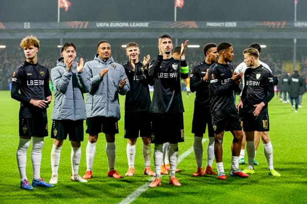 Angelo Stiller of VfB Stuttgart and Atakan Karazor of VfB Stuttgart celebrates after the final whistle Go Ahead Eagles v VfB Stuttgart, UEFA Europa League 2025 26 League Phase MD5, Go Ahead Eagles v VfB Stuttgart, Stadion De Adelaarshorst, November 27, 2025, Deventer, Netherlands.