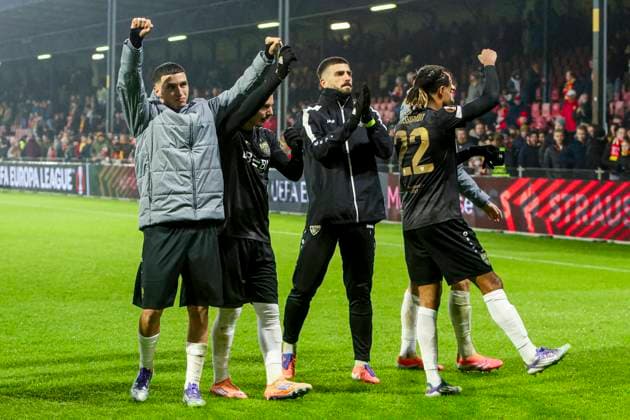 Bilal El Khannouss of VfB Stuttgart and Deniz Undav of VfB Stuttgart celebrates after the final whistle Go Ahead Eagles v VfB Stuttgart, UEFA Europa League 2025 26 League Phase MD5, Go Ahead Eagles v VfB Stuttgart, Stadion De Adelaarshorst, November 27, 2025, Deventer, Netherlands.