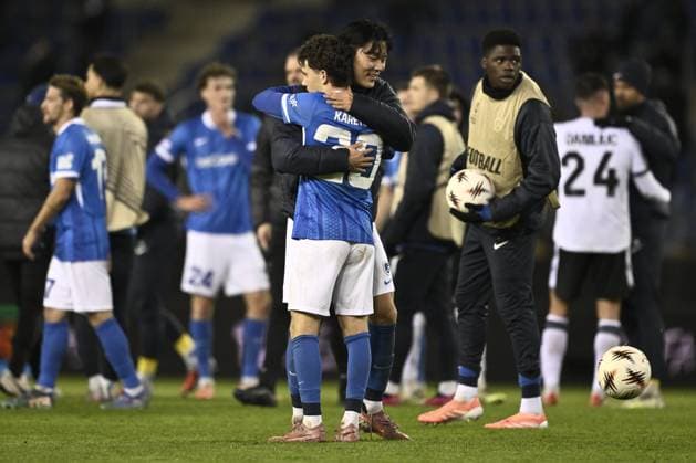 Genk s Konstantinos Kos Karetsas and Genk s Hyeon-Gyu Oh celebrate after winning a soccer game between Belgian soccer team KRC Genk and Swiss FC Basel, on Thursday 27 November 2025, in Genk, on the fifth game (out of 8) in the league phase of the UEFA Europa League competition. JOHAN EYCKENS JohanxEyckens  x144756755x