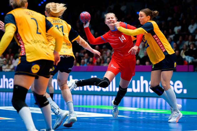 Handball, Womens World Championship, Group G Sweden Czech Republic from left in a duel Kamila Kordovska Czech Republic and Olivia Loefqvist Sweden Stuttgart Porsche Arena Baden Württemberg Germany