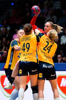Handball, Womens World Championship, Group G Sweden Czech Republic Olivia Loefqvist Sweden , Veronika Kafka Mala Czech Republic , Nathalie Hagman Sweden Stuttgart Porsche Arena Baden Württemberg Germany