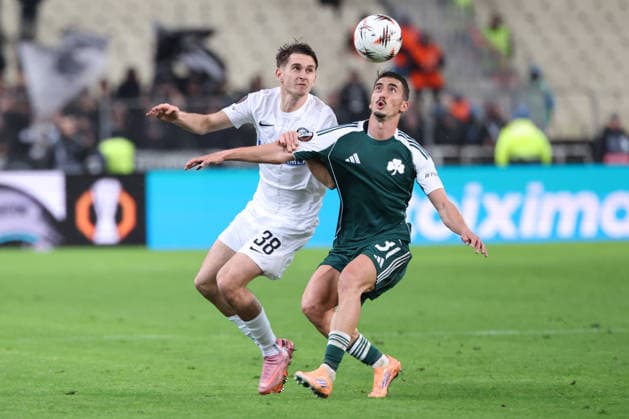 SOCCER - UEFA EL, Panathinaikos vs Sturm GRAZ,AUSTRIA,27.NOV.25 - SOCCER - UEFA Europa League, Panathinaikos Athen vs SK Sturm Graz. Image shows Leon Grgic (Sturm) and Filip Djuricic (Panathinaikos).  GEPAxpictures xChrisxBauer