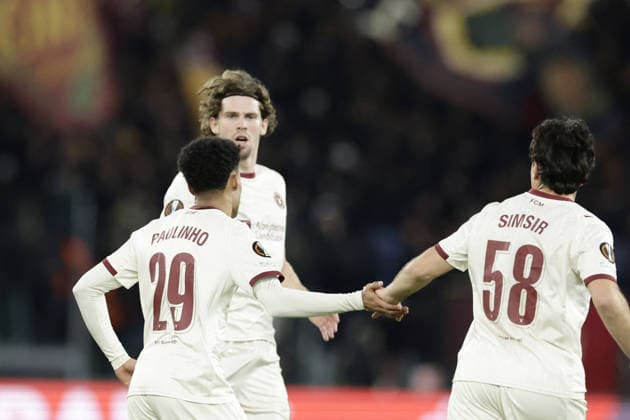 CALCIO - UEFA Europa League - AS Roma vs FC Midtjylland Midtjylland s Brazilian defender Paulinho celebrates after scoring a goal during UEFA Europa League first round day 5 football match AS Roma vs Football Club Midtjylland at the Olimpic Stadium in Rome, on November 27, 2025. Rome Italy  Copyright: xIPAxSport ABACAx