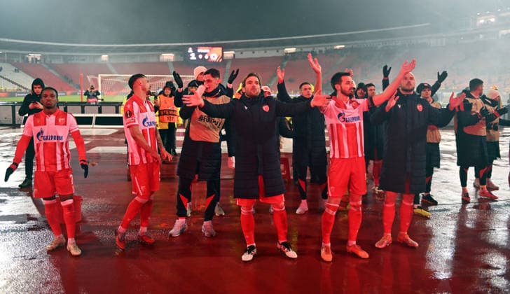 CRVENA ZVEZDA vs FCSB STEAUA BUCHAREST CELEBRATION football Crvena zvezda vs FCSB Steaua Bucharest during UEFA Europa league match at Rajko Mitic stadium, Belgrade 27.11.2025 Foto: FOOTBALL, UEFA EUROPA LEAGUE, CRVENA ZVEZDA, RED STAR, FCSB STEAUA BUCHAREST Belgrade Rajko Mitic stadium Serbia Copyright: xMarkoxMetlas xMNxPressx