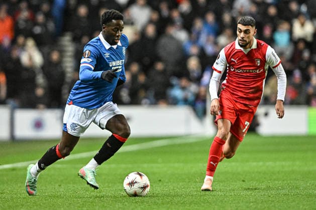 Rangers v S.C. Braga UEFA Europa League Djeidi Gassama of Rangers and Gabri Martinez of S.C. Braga during the UEFA Europa League match at Ibrox Stadium, Glasgow UK Newspapers OUT Copyright: xJamiexJohnstonx FIL-22559-0136