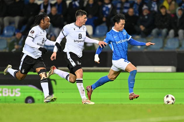 251127 KRC Genk vs FC Basel Benie Traore (11) of Basel and Flavius Daniliuc (24) of Basel pictured defending on Hyeon-Gyu Oh (9) of Genk during the 5th game in the Uefa Europa League season 2025-2026 League Phase between KRC Genk and FC Basel from Switzerland on November 27 , 2025 in Genk, Belgium. (Photo by David Catry Isosport) Genk Belgium  Copyright: xDavidxCatryx 20251127DC2_6115