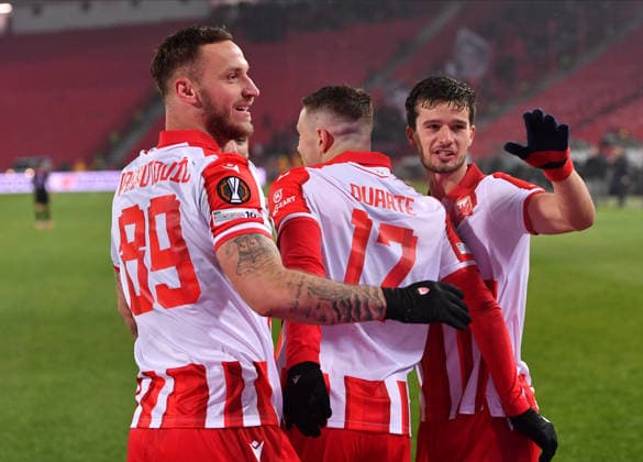 CRVENA ZVEZDA vs FCSB STEAUA BUCHAREST MARKO ARNAUTOVIC, BRUNO DUARTE DA SILVA , TOMAS HANDEL football Crvena zvezda vs FCSB Steaua Bucharest during UEFA Europa league match at Rajko Mitic stadium, Belgrade 27.11.2025 Foto: FOOTBALL, UEFA EUROPA LEAGUE, CRVENA ZVEZDA, RED STAR, FCSB STEAUA BUCHAREST Belgrade Rajko Mitic stadium Serbia Copyright: xMarkoxMetlas xMNxPressx