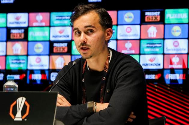 Mats Deijl of Go Ahead Eagles attends a press conference, PK, Pressekonferenz Go Ahead Eagles v VfB Stuttgart, UEFA Europa League 2025 26 League Phase MD5, Go Ahead Eagles v VfB Stuttgart, Stadion De Adelaarshorst, November 27, 2025, Deventer, Netherlands.