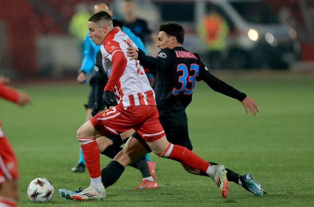 27.11.2025 Belgrade(Serbia) FK Crvena Zvezda(FC Red Star)-FCSB Europa League men s fooball Bruno Duarte (L) Crvena Zvezda(Red Star),Risto Radunovic (C) FCSB :