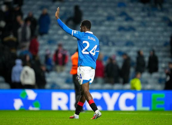 Nasser Djiga of Rangers waves to Rangers fans at full-time to apologise for his error that led to Gabri Martinez of SC Braga scoring to tie the game 1-1. Final score Rangers 1 SC Braga 1. Rangers v Braga, UEFA Europa League, Group Stage, Football, Ibrox Stadium, Glasgow, Scotland, UK - 27 Nov 2025Glasgow Ibrox Scotland United Kingdom EDITORIAL USE ONLY No use with unauthorised audio, video, data, fixture lists, club league logos or live services. Online in-match use limited to 120 images, no video emulation. No use in betting, games or single club league player publications.  Copyright: xStuartxWallace Shutterstockx 15928082bx