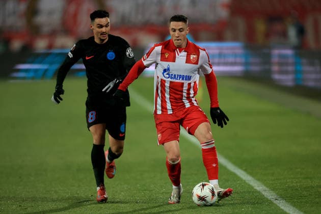 27.11.2025 Belgrade(Serbia) FK Crvena Zvezda(FC Red Star)-FCSB Europa League men s fooball Bruno Duarte (R) Crvena Zvezda(Red Star),Adrian Sut (L) FCSB :
