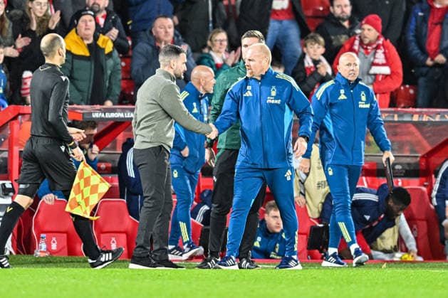 27th November 2025; The City Ground, Nottingham, England; UEFA Europa League Football, Nottingham Forest versus Malmo FF; Nottingham Forest Head Coach Sean Dyche shakes hands with Malmo Head Coach Anes Mravac after the final whistle  GodfreyxPitt