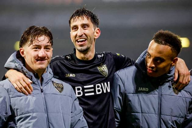 Angelo Stiller of VfB Stuttgart and Atakan Karazor of VfB Stuttgart looks on after the final whistle Go Ahead Eagles v VfB Stuttgart, UEFA Europa League 2025 26 League Phase MD5, Go Ahead Eagles v VfB Stuttgart, Stadion De Adelaarshorst, November 27, 2025, Deventer, Netherlands.