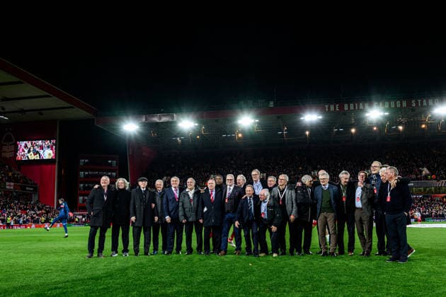 251127 Players from the 1979 European Cup final ahead of the UEFA Europa League football match between Nottingham Forest and Malmö FF on November 27, 2025 in Nottingham Photo Mathilda Schuler BILDBYRAN kod MA MA0897 fotboll football soccer fotball uefa europa league europa league nottingham forest malmö ff bbeng  Copyright: MATHILDAxSCHULER BB251127MA192