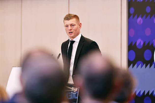 Toni Kroos (Real), NOVEMBER 27, 2025 - Football Soccer : Toni Kroos delivering a speech at the presentation ceremony for the Order of Merit of the Federal Republic of Germany at the Estadio Santiago Bernabeu in Madrid, Spain. Noxthirdxpartyxsales  aflo_311748853