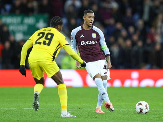 Birmingham, England, 27th November 2025. Ezri Konsa of Aston Villa and Chris Bedia of Young Boys during the Aston Villa vs Young Boys UEFA Europa League match at Villa Park, Birmingham. Picture credit should read: James Baylis Sportimage EDITORIAL USE ONLY. No use with unauthorised audio, video, data, fixture lists, club league logos or live services. Online in-match use limited to 120 images, no video emulation. No use in betting, games or single club league player publications. SPI_075_JB_VILLA_YOUNGBOYS SPI-4329-0076