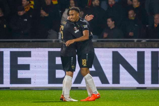 Jamie Leweling of VfB Stuttgart celebrates with teammates after scoring his teams second goal Go Ahead Eagles v VfB Stuttgart, UEFA Europa League 2025 26 League Phase MD5, Go Ahead Eagles v VfB Stuttgart, Stadion De Adelaarshorst, November 27, 2025, Deventer, Netherlands.